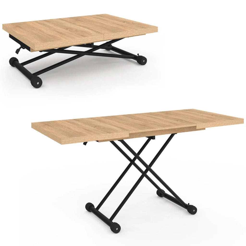 IDMarket - Tavolino di design industriale in legno e nero ALTURA, allungabile e trasformabile in tavolo da pranzo rettangolare