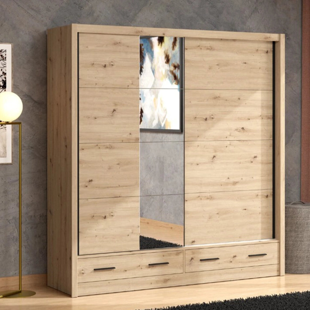 Armadio Camera da Letto Copala, Guardaroba 2 Ante 4 Ripiani, 205x216h cm Marrone Rovere Nodi