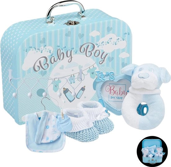 Set di regalo per neonato maschio con set di accettazione inclusivo di campanello, mensola per foto, tovaglia di mussola, copriscarpe, guanti e cappello