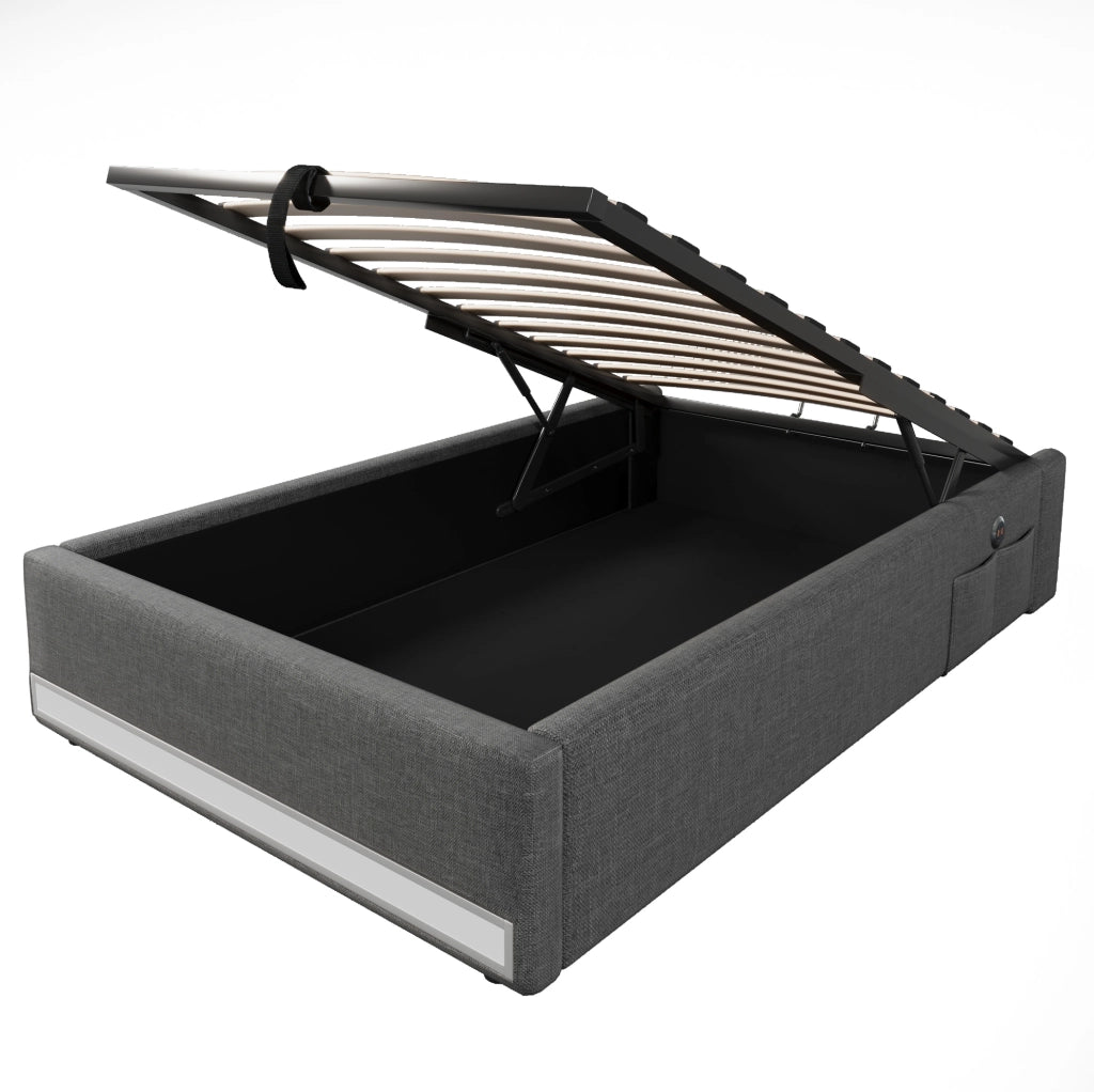 Letto imbottito 90x200 cm con USB; LED e contenitori laterali in lino grigio