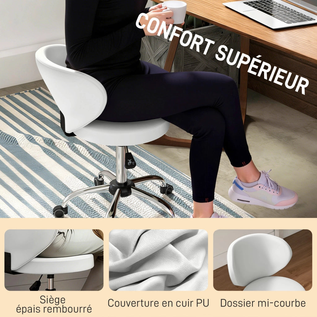 Sgabello con rotelle e schienale regolabile ¨C zephmum ¨C PU 73-88 cm bianco