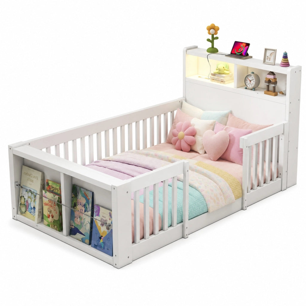 Letto per Bambini Singolo 90x190 cm; con Sponda Alta; USB e Luce Notturna - Bianco
