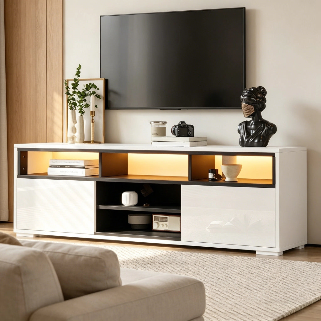 Mobile TV LED 150 x 35 x 50 cm, bianco, in pannello truciolare, con vani portaoggetti, luci LED e portata 30 kg