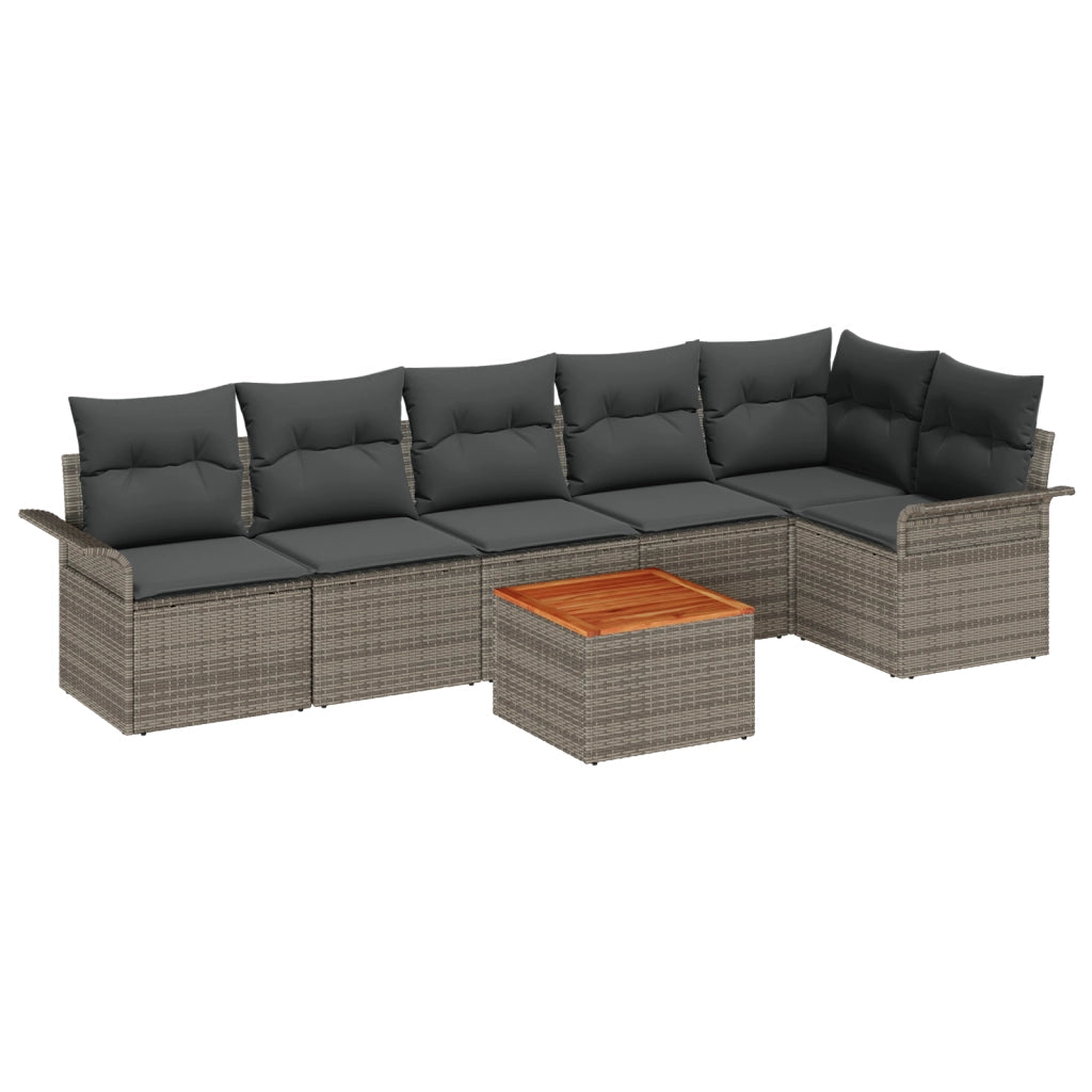 Set Divano da Giardino a 7 Pezzi con Cuscini Grigio Polyrattan Acacia