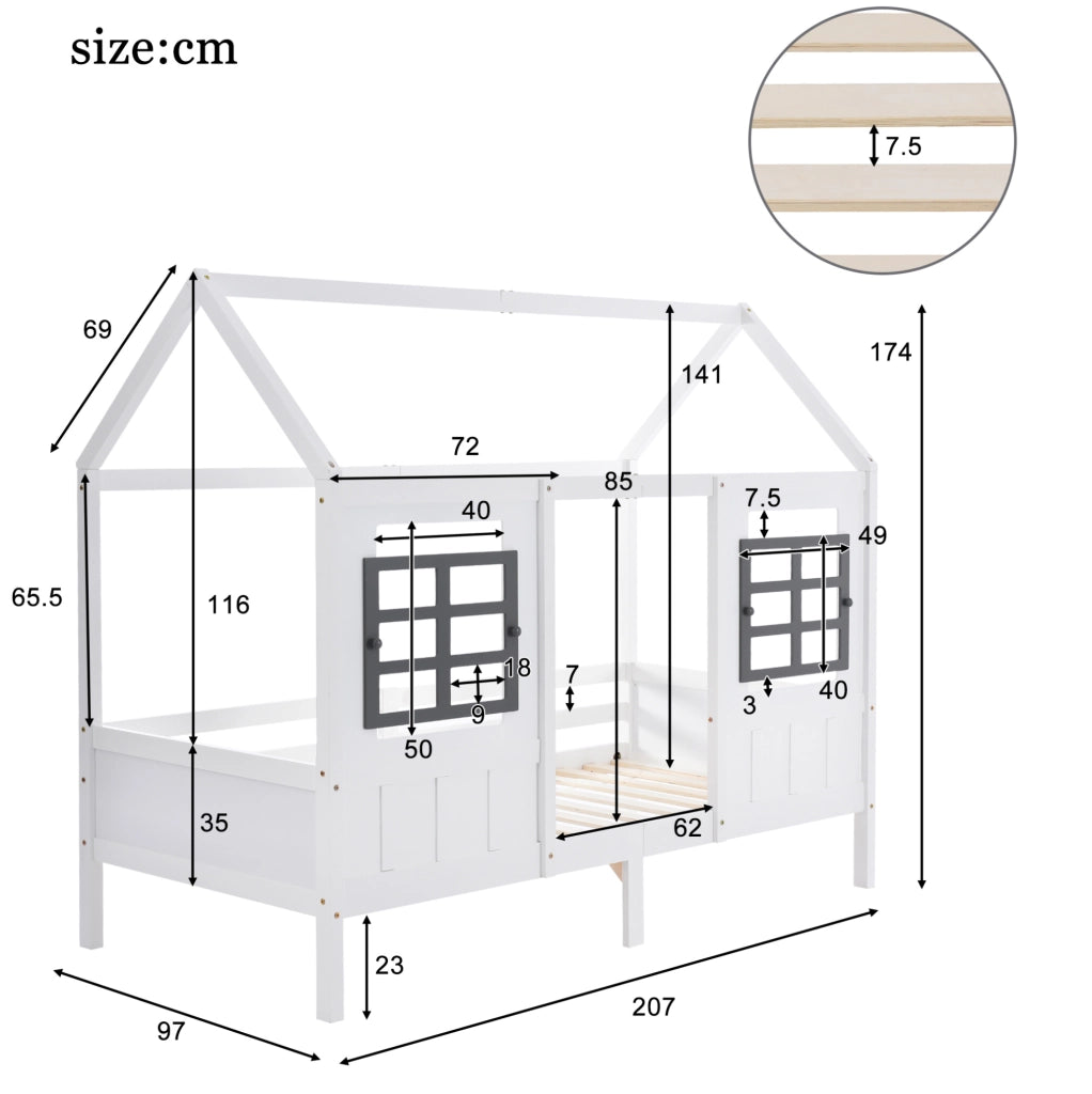 Letto a casetta per bambini 90x200 cm con 2 cassetti