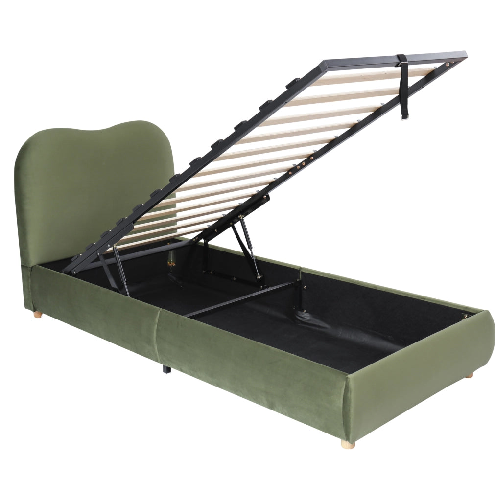 Letto imbottito con contenitore idraulico; velluto verde