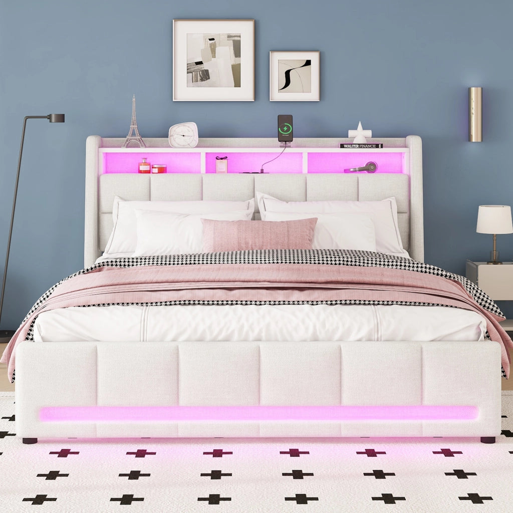 Letto con Cassetti Letto Matrimoniale; USB; LED Regolabile e Vano Contenitore 140×200 cm; senza Materasso