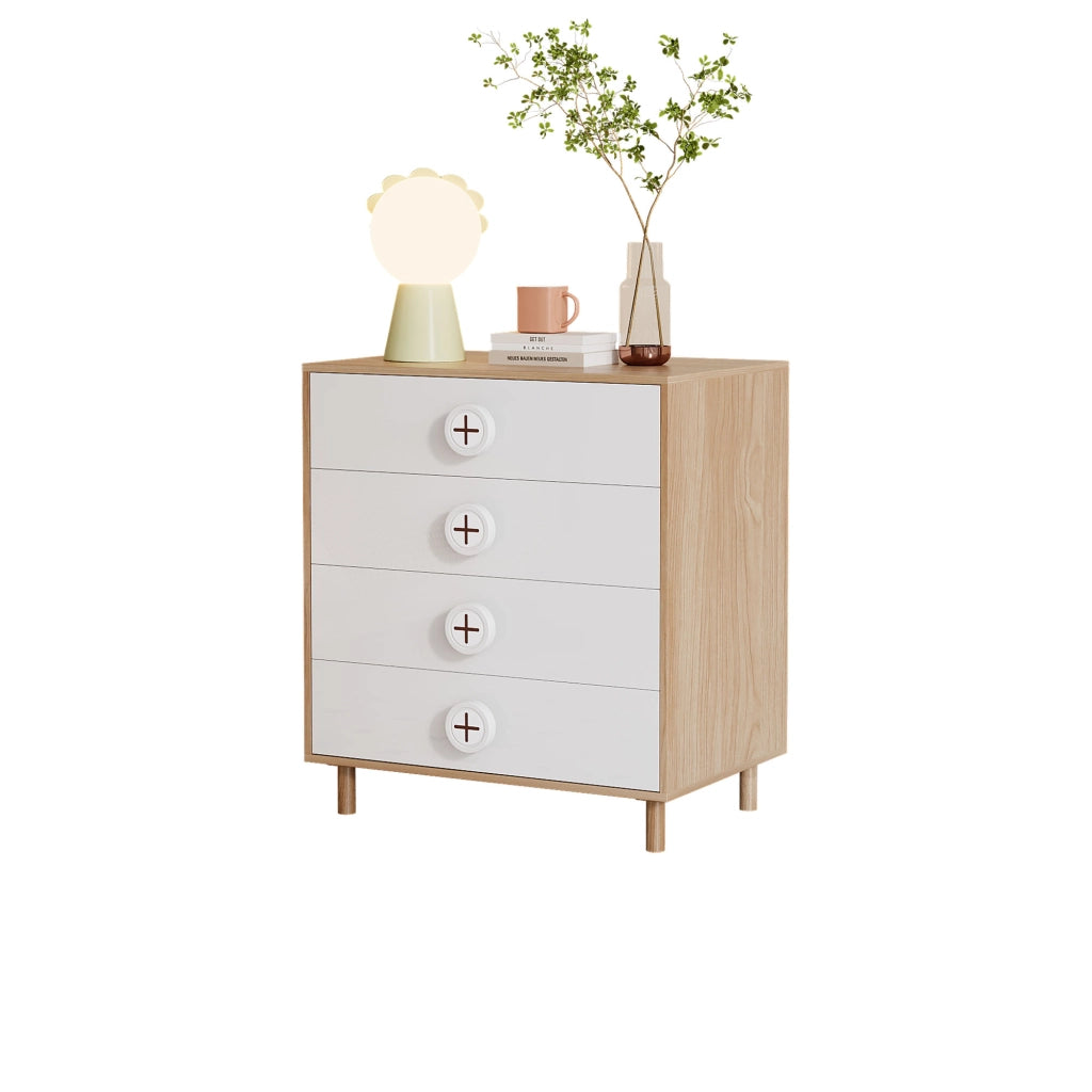 Comò con 4 cassetti e design a contrasto, per camera da letto e soggiorno, in MDF, bianco naturale, 80 × 54 × 90 cm
