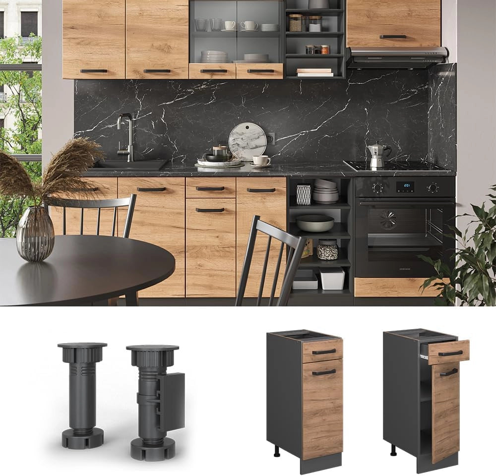 Mobiletto base per cucina R-Line, Quercia dorata, 30 cm senza piano di lavoro, per la libera combinazione all'interno di sistemi cucina modulari