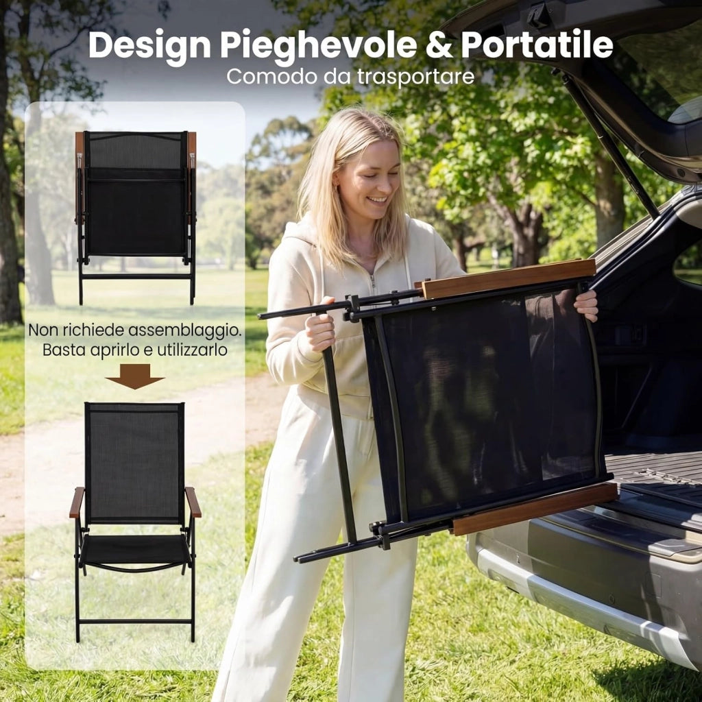 Set di 2/4 Sedie da Giardino Pieghevole, Struttura in Metallo, Poltrona in Tessuto Traspirante, Schienale Regolabile, per Balcone, Giardino, Terrazzo, Portata 150 kg (2,Nero)