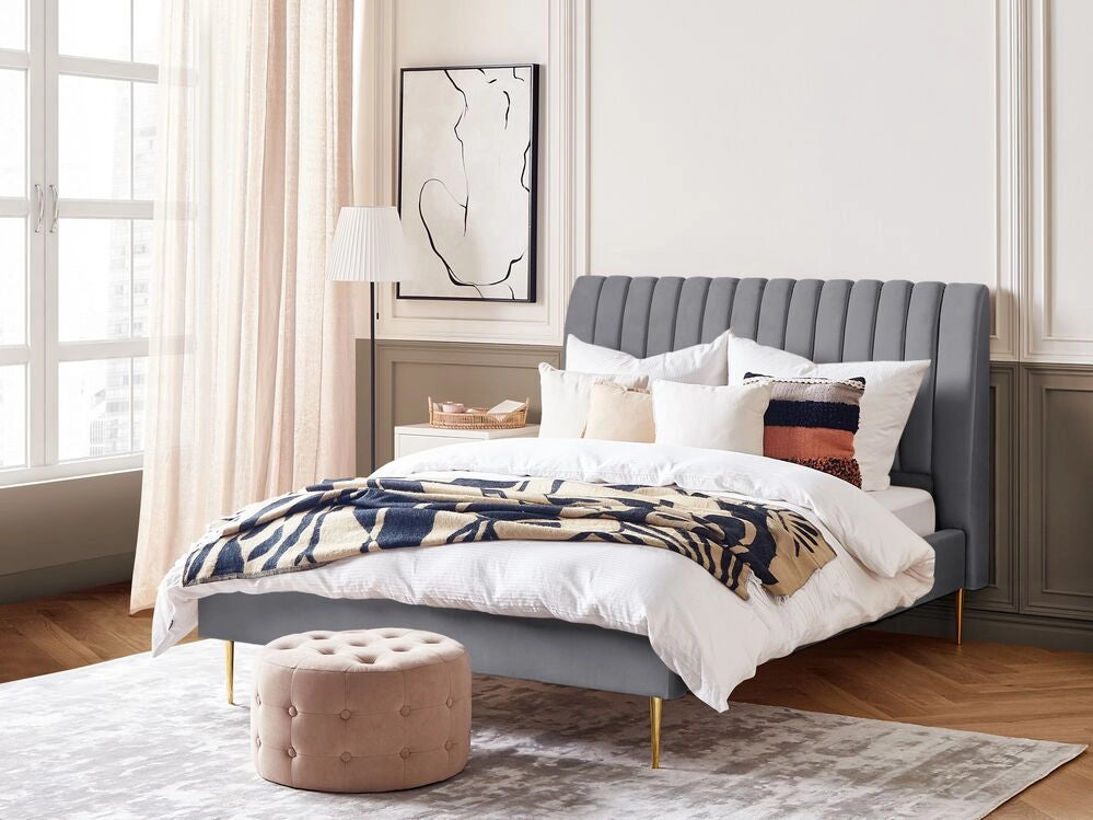 Letto imbottito velluto grigio e oro rete a doghe testiera alta 140 x 200 cm testata alta design retrò