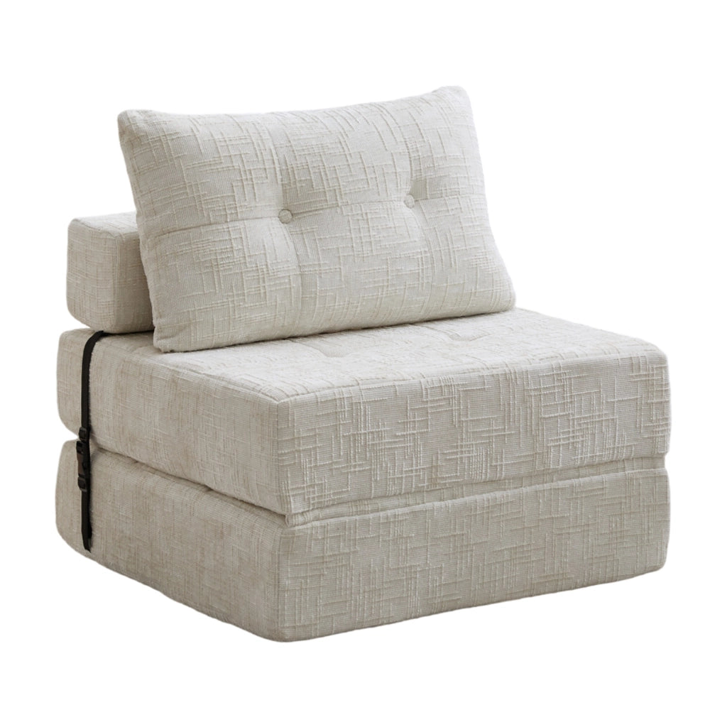 Divano Letto Pieghevole con Schienale e Cuscini per Testa e Lombare; in Ciniglia Beige; 79 × 79 × 57 cm