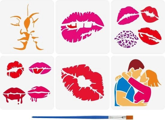 6 pezzi di stencil per labbra con pennello - 6 stili simbolo d'amore stencil - 15x15cm stencil per dipinto romantico coppia - temi di San Valentino per disegni di cuscini per piastrelle da parete
