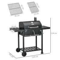 Barbecue a Carbone con Coperchio con Termometro, Griglia Regolabile, Ruote e Tavolini, Nero