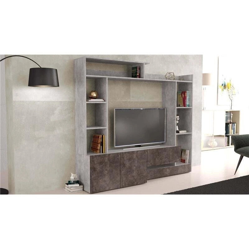 PARETE SOGGIORNO ENTRY GRIGIO EFFETTO CEMENTO E GRIGIO SCURO 180 X 28/40 X H165