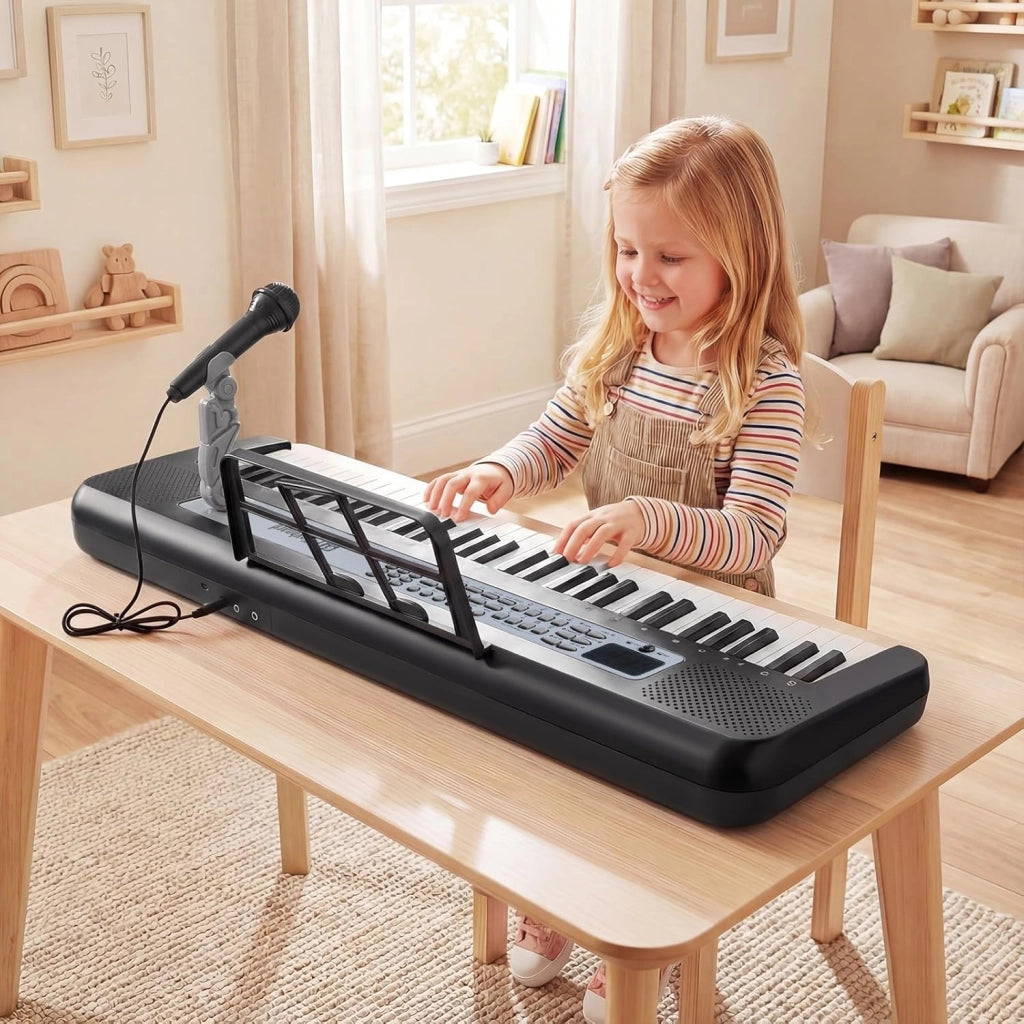 Tastiera Pianoforte Elettrica a 61 Tasti, Giocattolo Musicale da Interno con Supporto Regolabile, Microfono e Leggio, Strumento Digitale Educativo per Bambini e Bambini 3+ Anni (Nero)