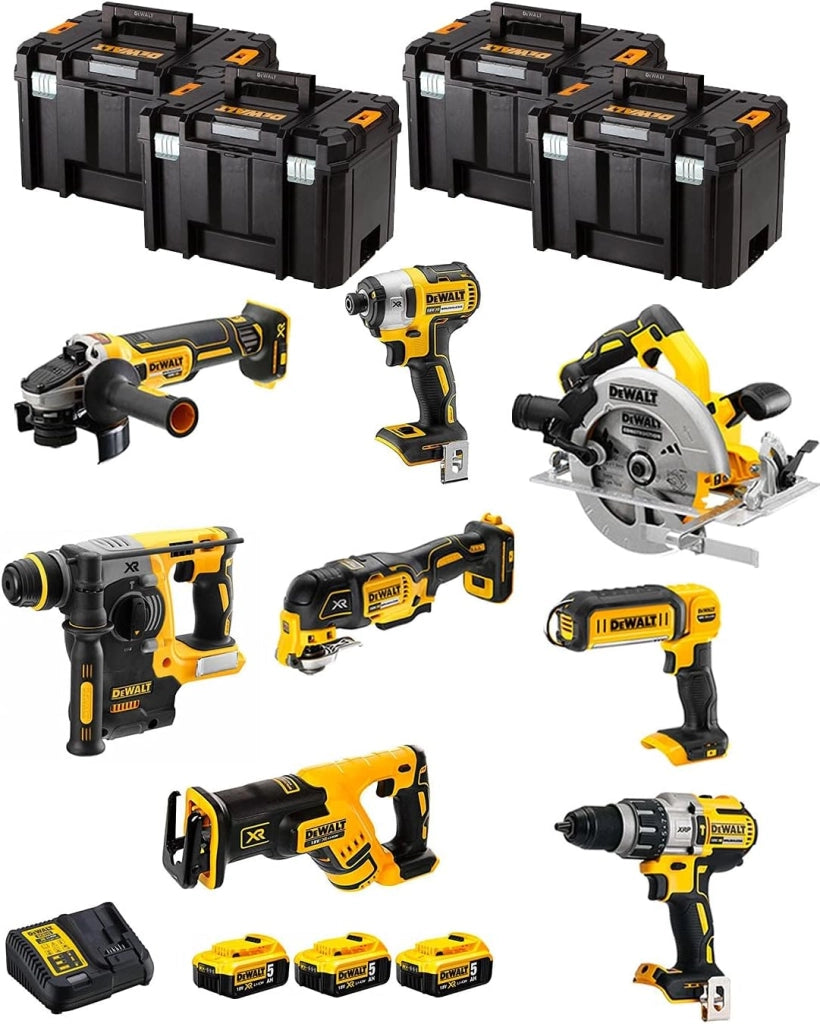 DeWALT Kit DWK803T (DCD996 + DCH273 + DCG405 + DCF887 + DCS355 + DCS367 + DCS570 + DCL050 + 3 Batterie 5,0 Ah + Caricabatterie + 4 x TSTAK VI)