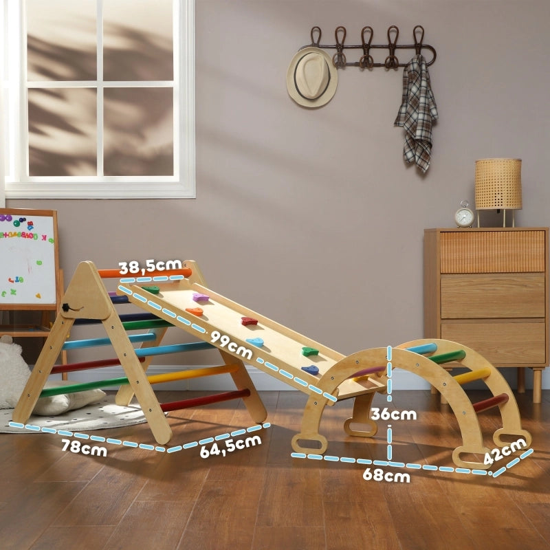 Triangolo arrampicata 5 in 1 per bambini in legno con rampa e ponte, multicolore