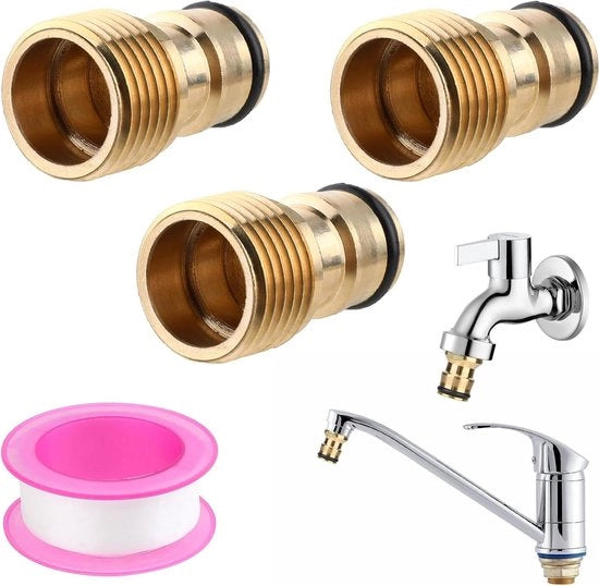 Adattore universale per tubi da giardino 3 pezzi - Set adattore per rubinetti con cinta di sigillazione PTFE - 6 m cavo esterno adattatore per rubinetti per giardino cucina lavatrice