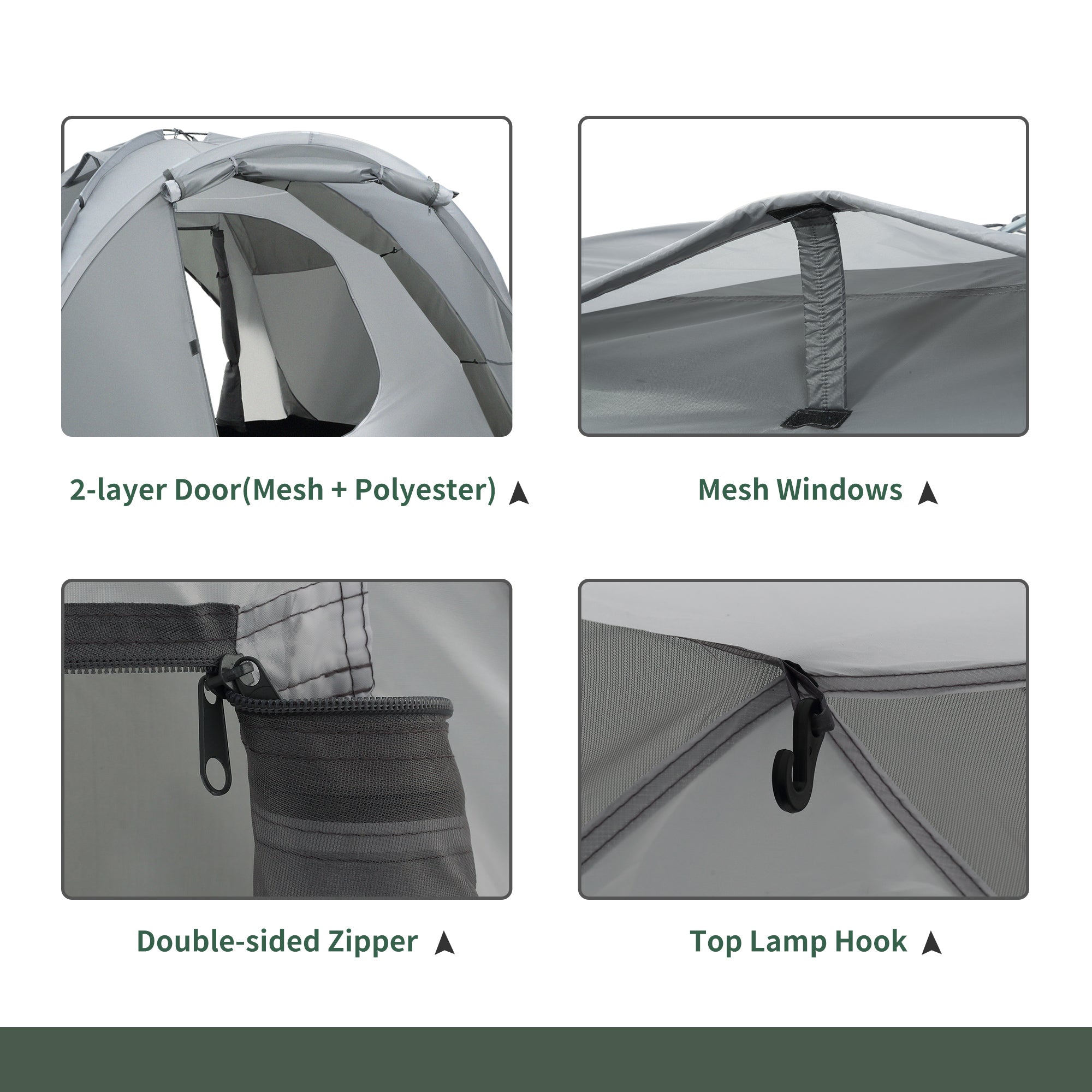 Tenda da Campeggio a Cupola per 2 Persone Estensibile 350x220x145 cm con 4 Porte e 3 Finestre Grigio