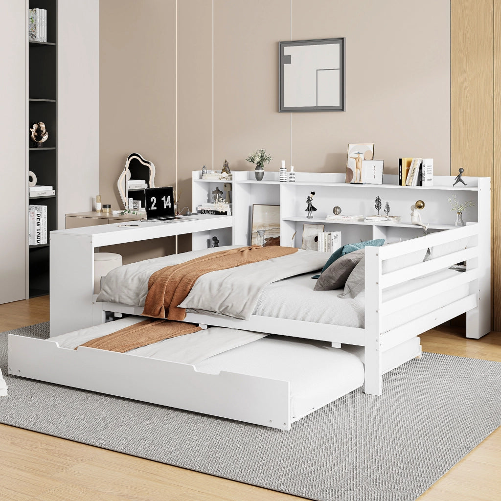 OKWISH Letto Divano 140×200 cm, Letto Matrimoniale con Letto Estraibile, Scrivania, Scaffali, USB e Prese, senza Materasso, in Legno, Bianco