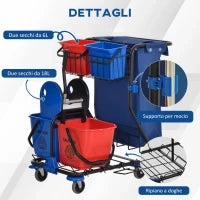 Carrello Pulizie con Sacco per Immondizia, 4 Secchi e Strizzatore per Mocio, 93x80x97 cm, Rosso Blu e Nero