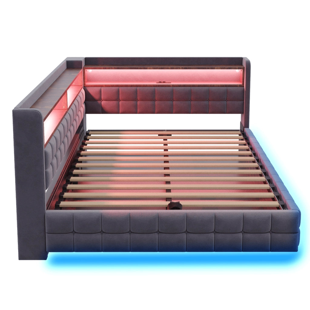 Letto imbottito 140x200 cm con contenitore; LED e prese USB e Tipo-C in velluto grigio