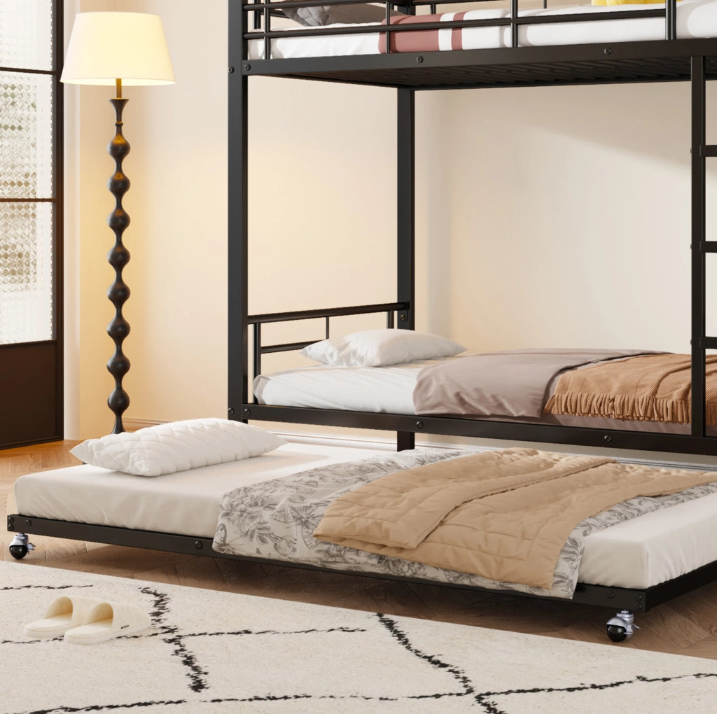 Letto a castello in ferro nero con letto estraibile, adatto per bambini e ragazzi, 90x200 cm e 90x190 cm