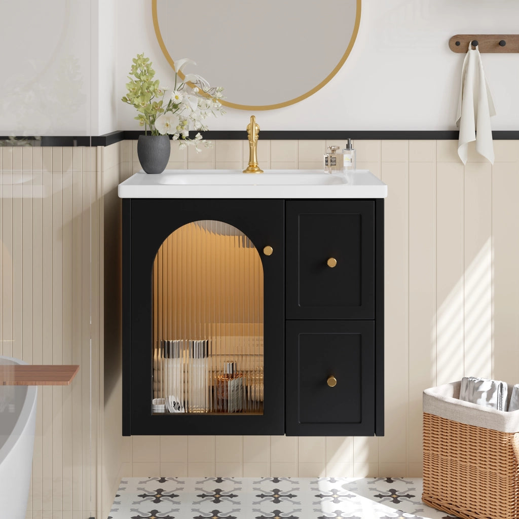 Mobile sottolavabo da bagno a parete con lavabo in ceramica LED anta in vetro rigato e chiusura soft close nero