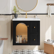 Mobile sottolavabo da bagno a parete con lavabo in ceramica LED anta in vetro rigato e chiusura soft close nero