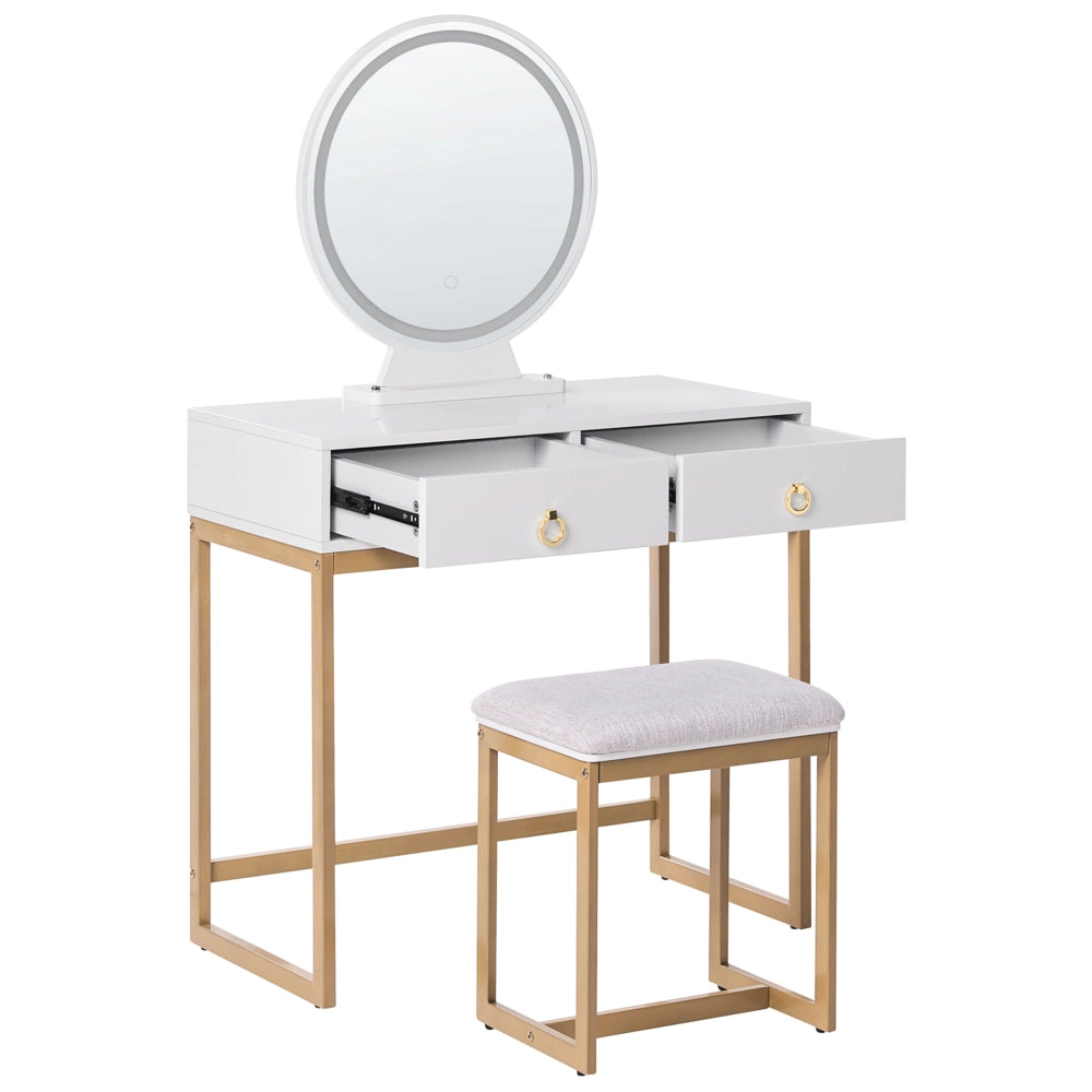 Toeletta con 4 cassetti specchio LED bianco e oro e sgabello camera da letto elegante