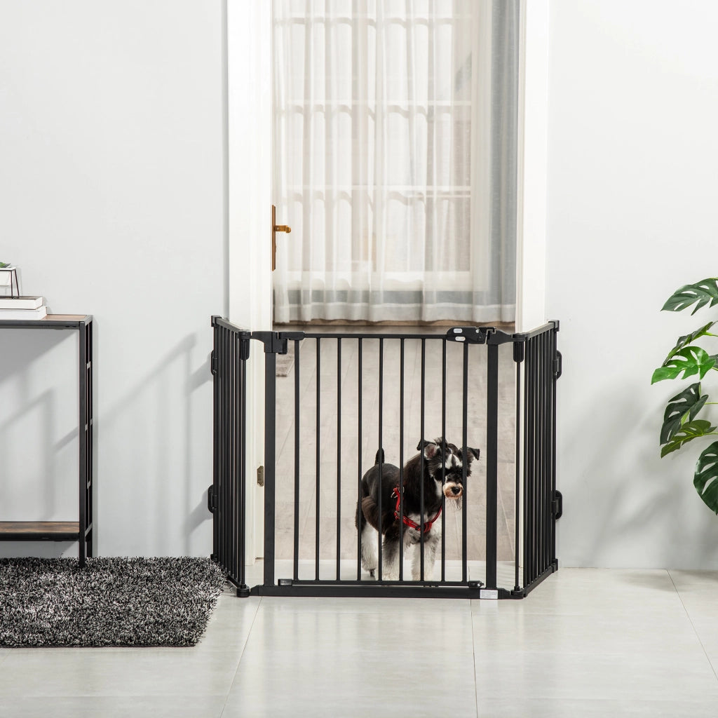 Cancelletto per cani con porta automatica, regolabile e pieghevole, 3 pannelli, 202,5x76 cm
