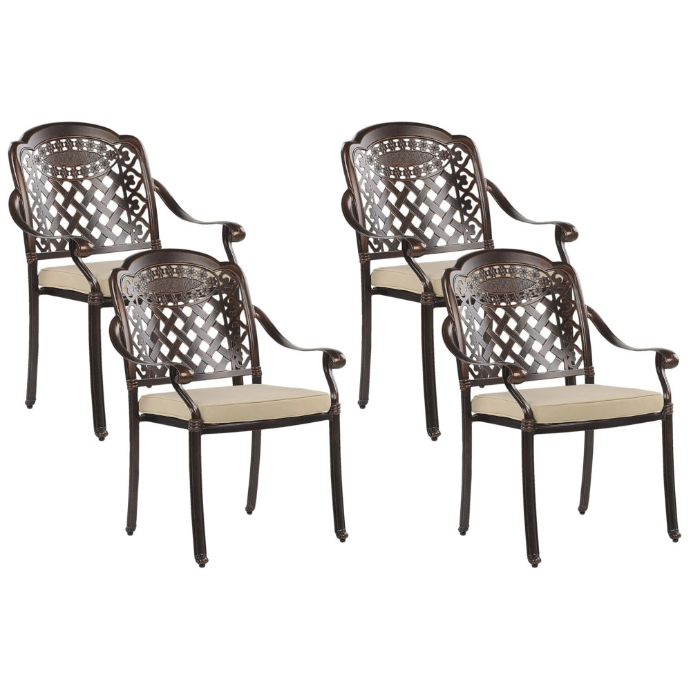 Set di 4 sedie da pranzo da giardino in alluminio marrone beige cuscini per sedili in poliestere vintage