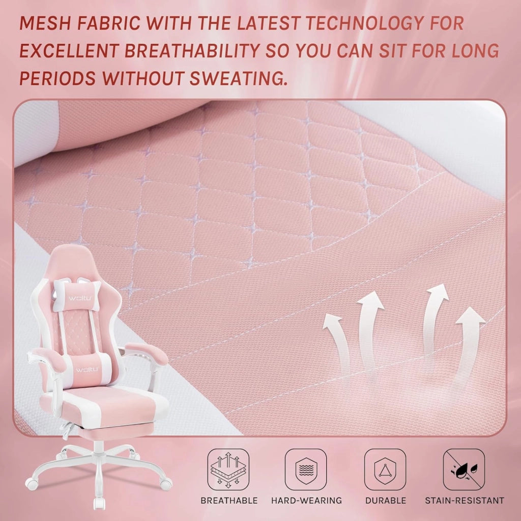 Sedia Gaming con Massaggio, Poltrona Ufficio Ergonomica, Ampia Sedia Girevole Imbottita per Computer con Cuscino Lombare Massaggiante, Carico 150 Kg, Tessuto a rete Rosa+Bianco