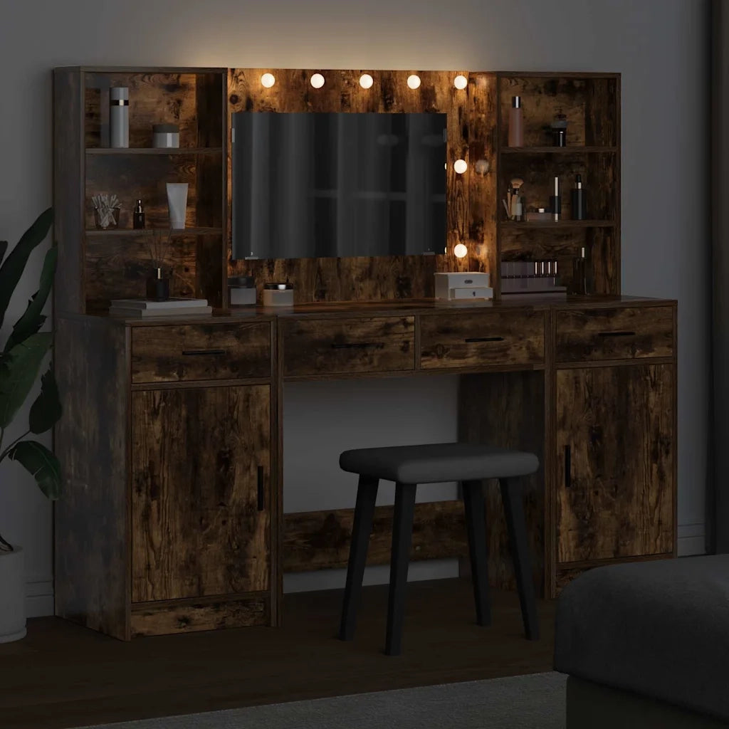Set da Toeletta | Tavolo da Trucco con LED con cassetto 3 pz Rovere fum¨¦
