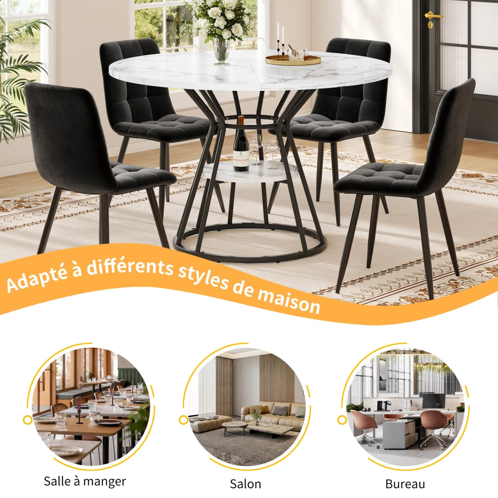 Tavolo da pranzo con 4 sedie in velluto, piano in MDF effetto marmo e base in metallo, nero, 100 × 100 × 76 cm