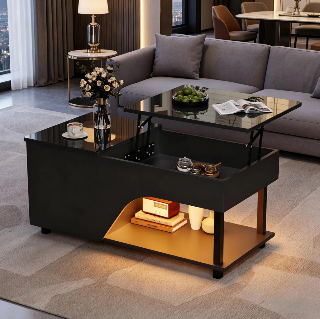 Tavolino da soggiorno regolabile in altezza 50 x 100 x 46 cm; con LED; vano contenitore; nero