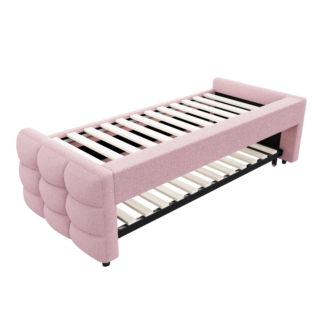 Letto imbottito estraibile 90/180x190 cm in tessuto Teddy rosa; con rete a doghe