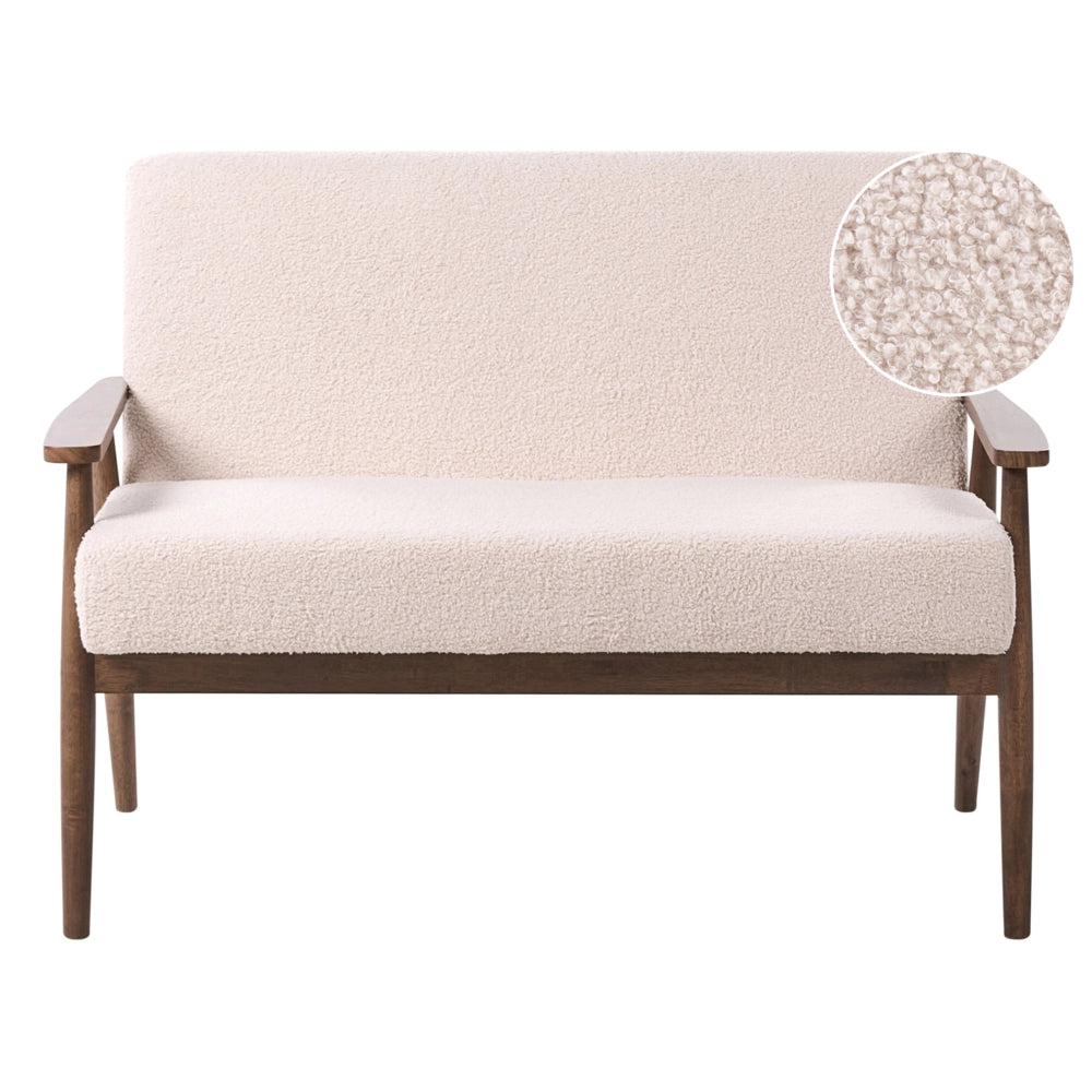 Divano da salotto a 2 posti in bouclé e struttura in legno beige e marrone scuro struttura in legno stile retrò