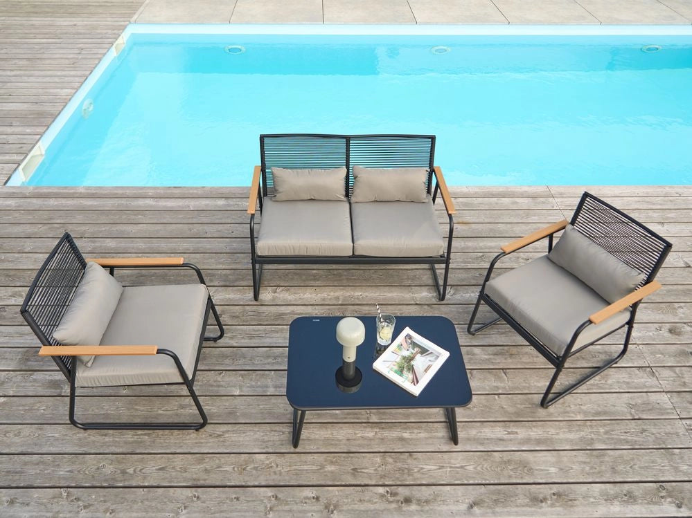 Set da giardino in acciaio nero con cuscini grigi Set da salotto 4 posti Tavolo moderno