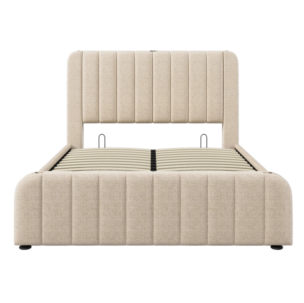 Letto contenitore 140x200 cm in lino beige con USB e Type-C, sollevamento idraulico –