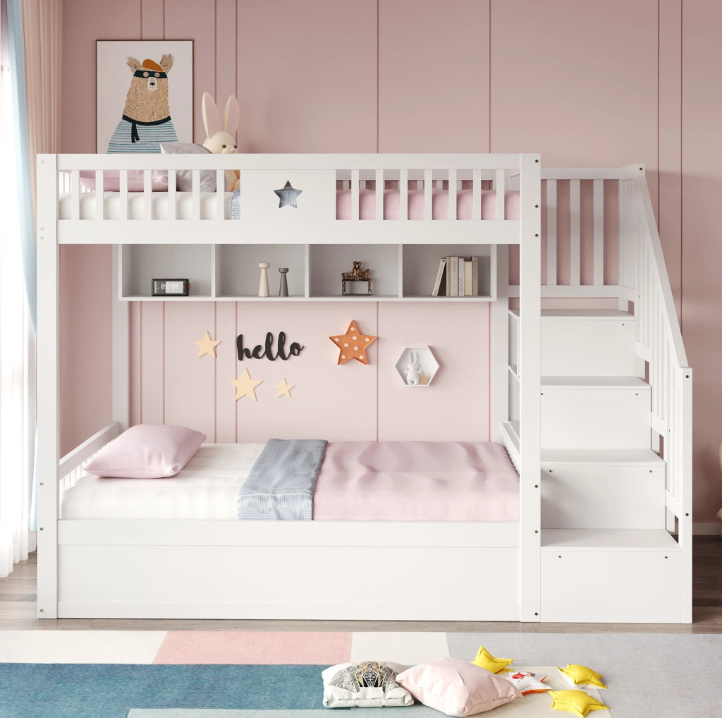 Letto a soppalco 140x200 cm con contenitore idraulico, scala contenitore e scaffali bianco