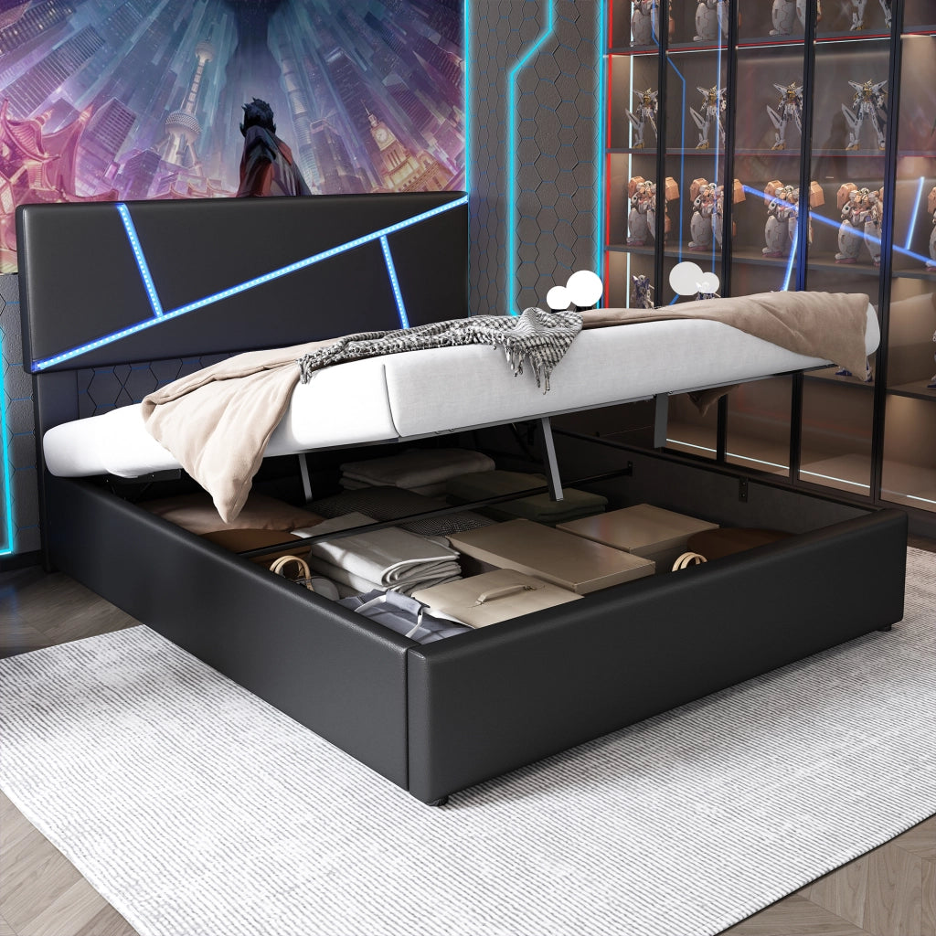 Letto imbottito matrimoniale con LED, contenitore idraulico e rete a doghe, PU nero