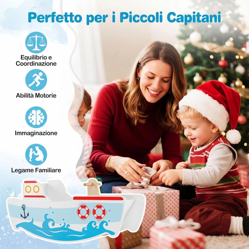 Cavallo a Dondolo per Bambini, Nave a Dondolo in Legno a Tema Nautico, Manici in Legno, Carico 50 kg, per Bambini 1-5 Anni