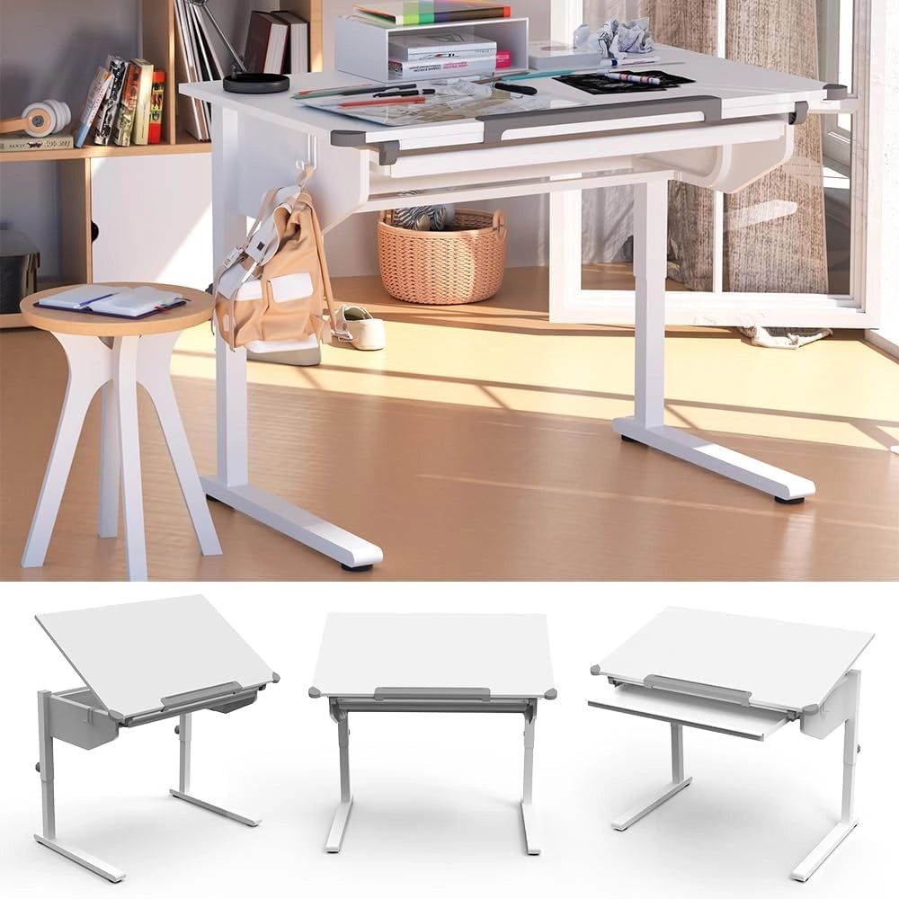 Scrivania per bambini Arc, Bianco, 108 x 68 cm Regolabile in altezza, per un lavoro ergonomico e una posizione di seduta regolabile