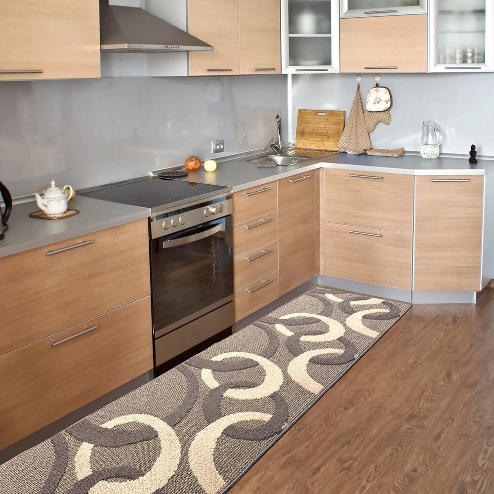 Tappeto Cucina 50x100 Cm Tridimensionale Cerchi 3D Assorbente Morbido Moderno Antiscivolo Beige