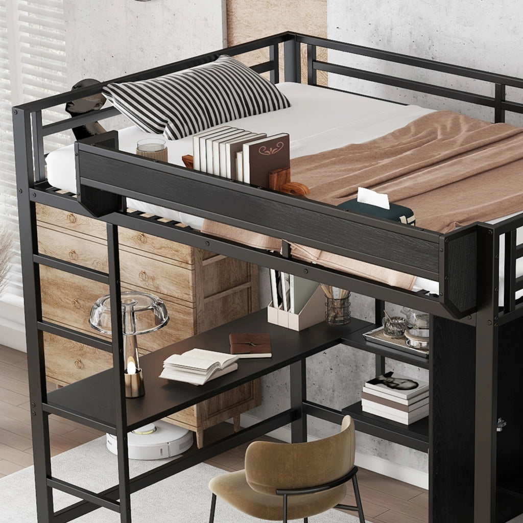 Letto a soppalco ULEVR 140x200 cm con scrivania, armadio integrato e ripiani, metallo e MDF nero