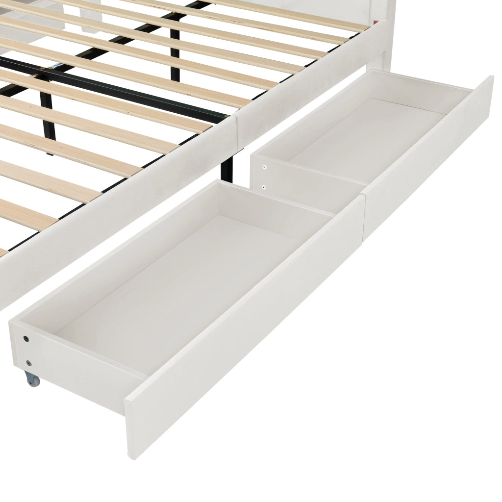 Letto per bambini 140 × 200 cm con testiera a casetta e 4 cassetti, senza materasso, in velluto beige