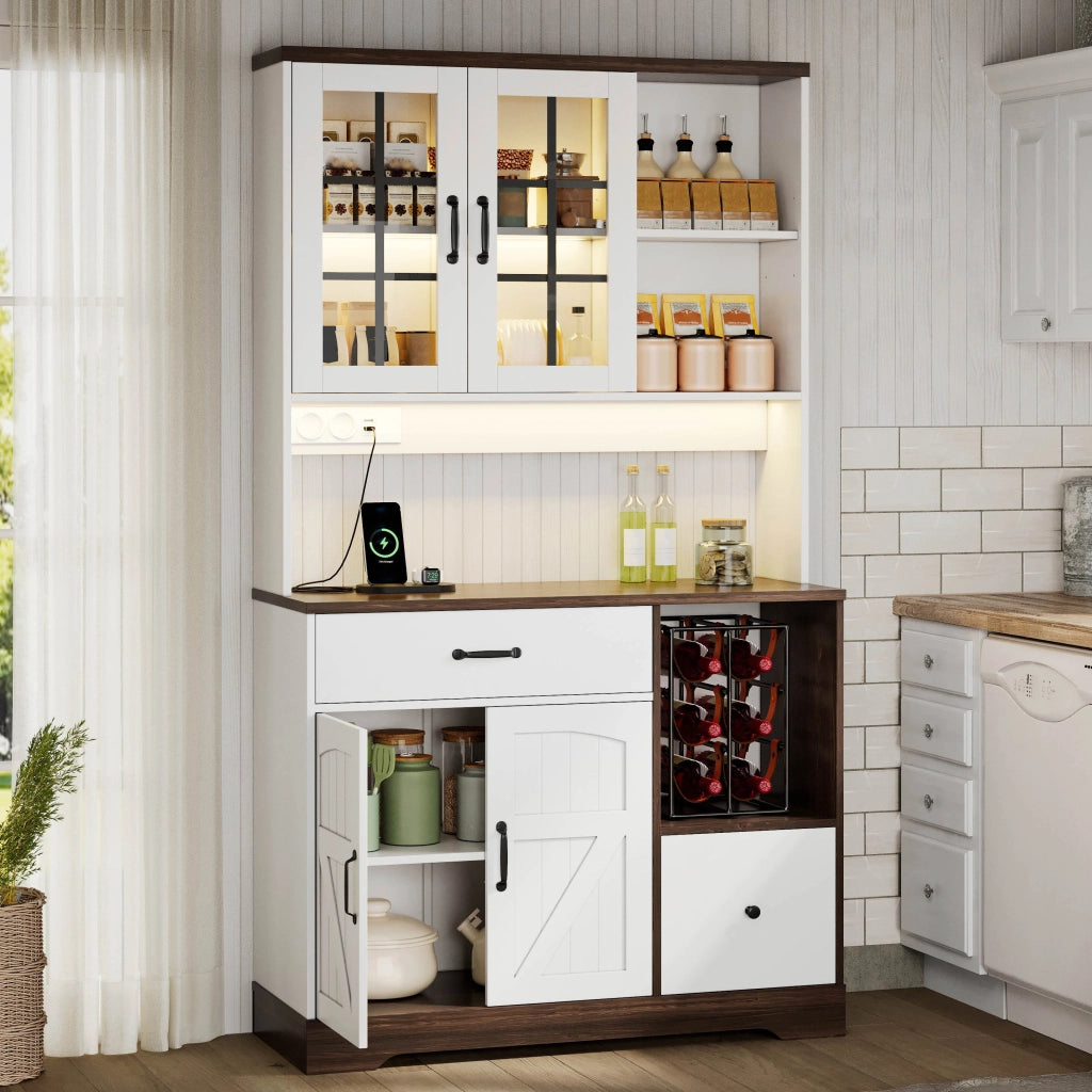 Credenza da cucina 105x40x185 cm con LED; prese USB e stile rustico