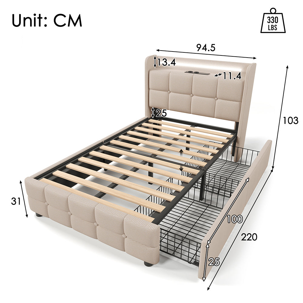 Letto imbottito 90x200cm - Xylo - Beige - 2 cassetti, USB, testiera LED